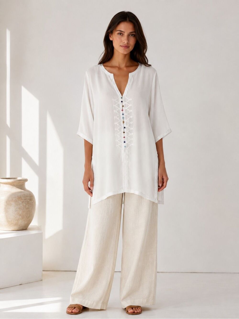 Italian Luxury Boutique Chic White Tunic Dress Embroidered Cord Trim Size S